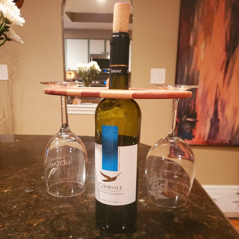 Wooden wine bottle and glass holder